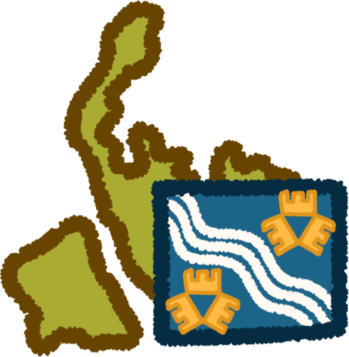a green shape outlining the english county of merseyside, with the county's official flag